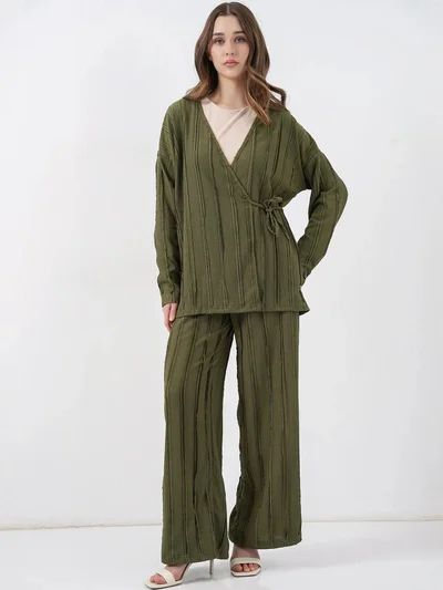 BIG DART BDART Textured V-Neck Tie Detail Kimono & Wide Leg Pants Set